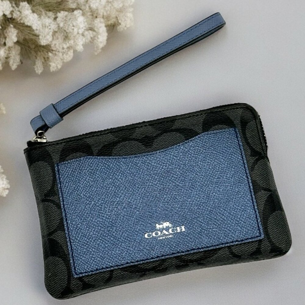EUC Coach Corner Zip Wristlet with Metallic Navy Colorblock (Black Smoke/Silver)